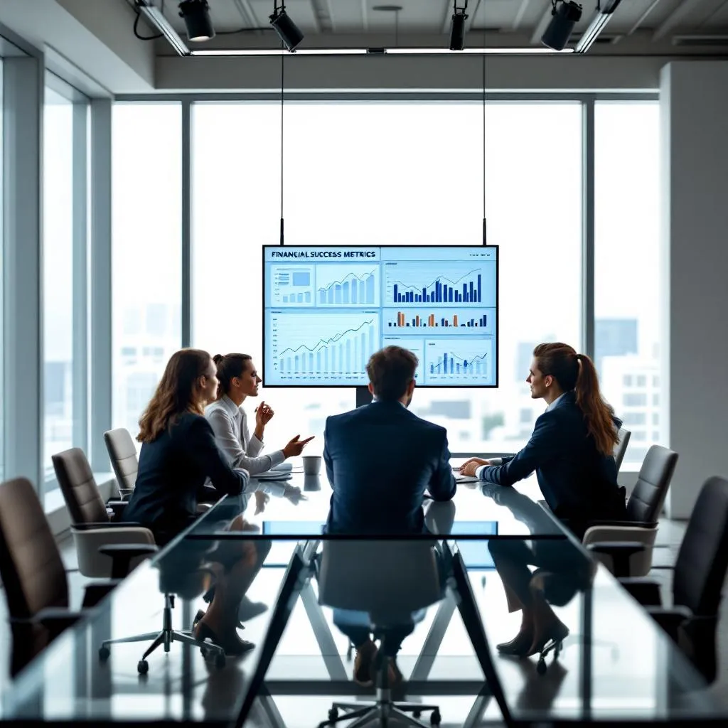 İş ekibi finansal başarı kriterlerini gösteren grafikler ve tablolar üzerinde stratejik toplantı yapıyor, modern toplantı odasında işbirliği içinde çalışıyor